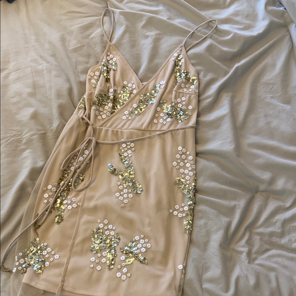 Altar'd State Sequin Mini Dress in Tan and Gold
